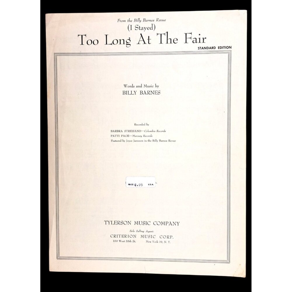 Vintage I Stayed Too Long At Fair Sheet Music 1957 Barbra Streisand Patti Page